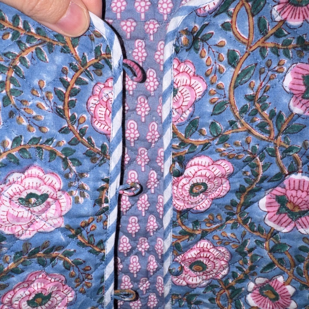 Fabindia Purple Floral Block Print 100% Cotton Quilted Button Front Jacket Large - Picture 8 of 10